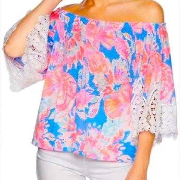 Lilly Pulitzer Tops - Lilly Pulitzer Pink and Blue Off-the-Shoulder Blouse
